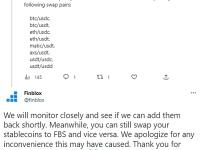 Finblox因低流动性问题暂停BTC/USDT、ETH/USDT等交易对