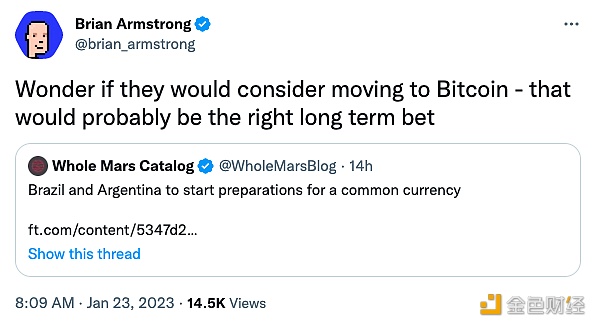 图片[1] - Coinbase CEO评论巴西和阿根廷创建统一货币的工作：BTC才是正确的选择