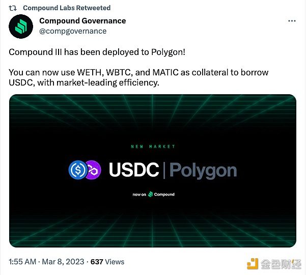 图片[1] - Compound III已部署到Polygon，用户可以使用WETH等作为抵押品借入USDC