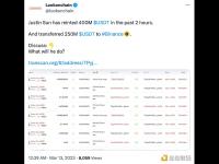 Justin Sun过去2小时内已累计向Binance转移2.5亿枚USDT