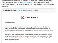 Orbiter Finance：务必检查网站链接的真实性，谨防诈骗