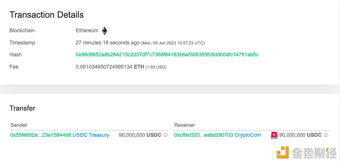 图片[1] - 9000万枚USDC从USDC Treasury转移到Crypto.com