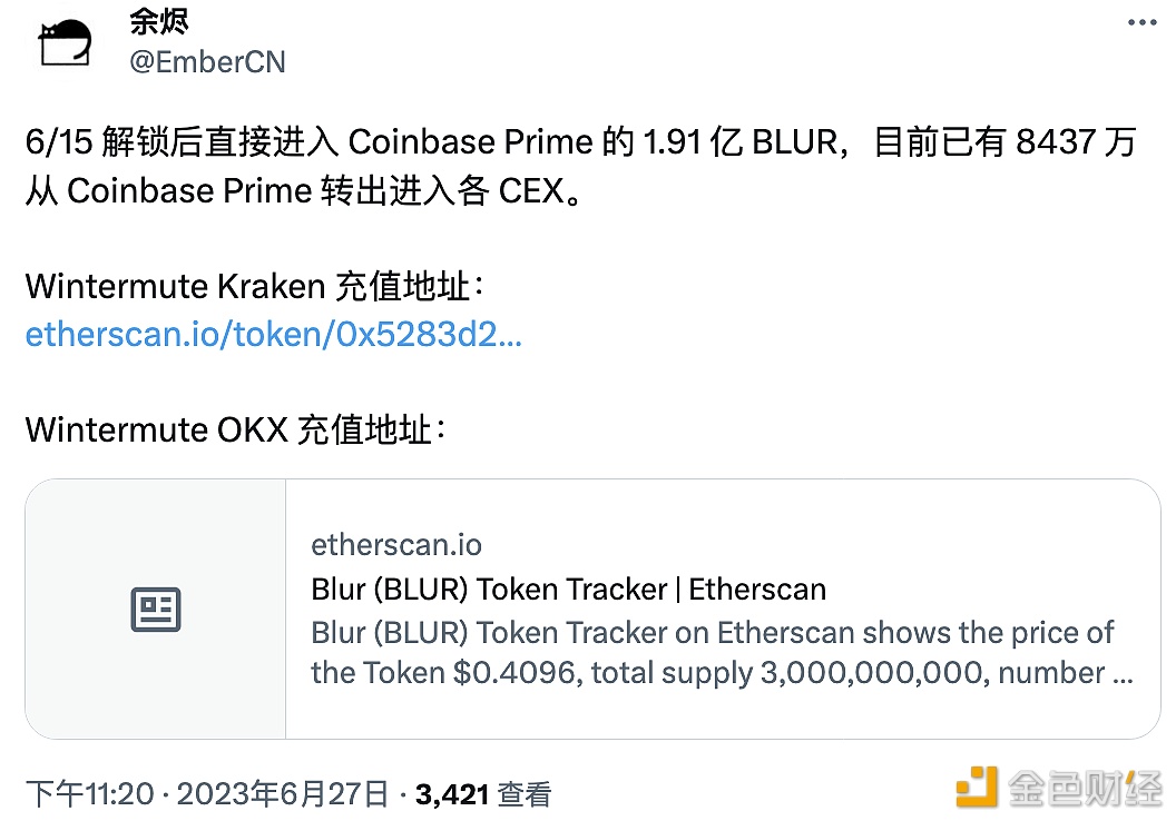 图片[1] - 自6月15日以来有超8000万枚BLUR从Coinbase Prime转入交易所