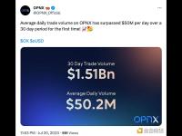 OPNX：平台30日日均交易量首次超过5000万美元