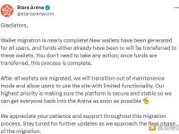 Stars Arena：钱包迁移已接近完成，所有用户的新钱包已经生成