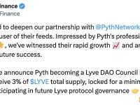 Pyth Network成为Lyve DAO理事会成员，将获得LYVE总供应量的3%