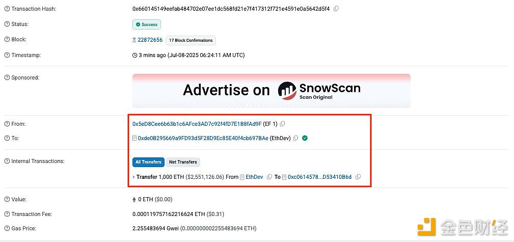 图片[1] - 以太坊基金会开发团队内部转移1000枚ETH，价值约255万美元
