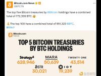 BTC持有量排名前五的比特币储备实体，总共持有772,359枚BTC