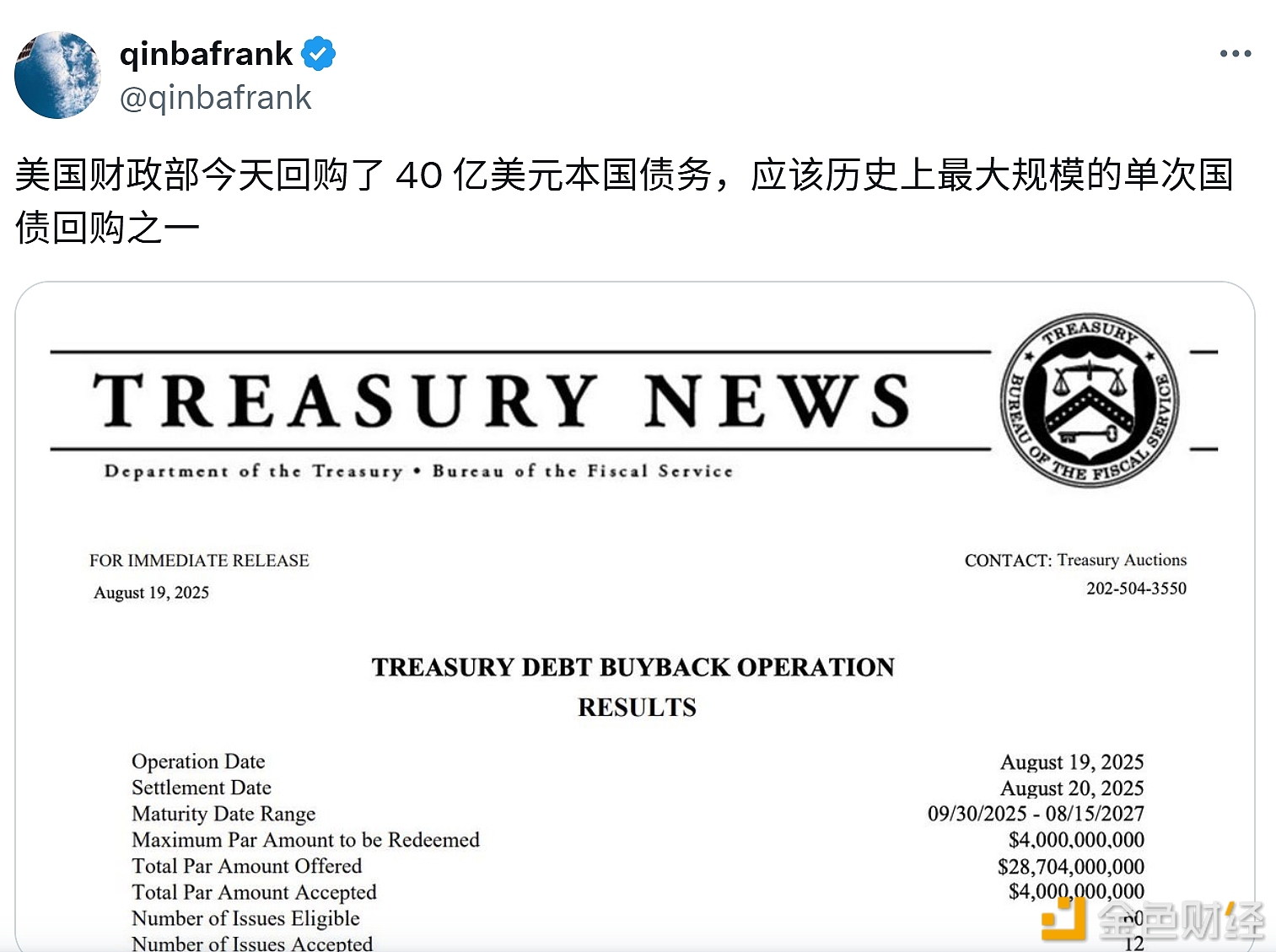 图片[1] - 美国财政部今天回购40亿美元本国债务
