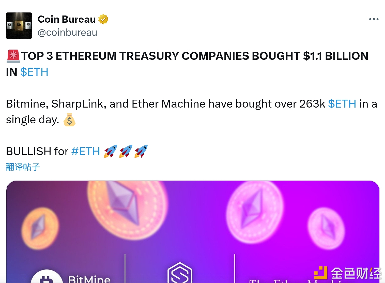 图片[1] - 以太坊储备金持有量前三的公司购入11亿美元以太坊