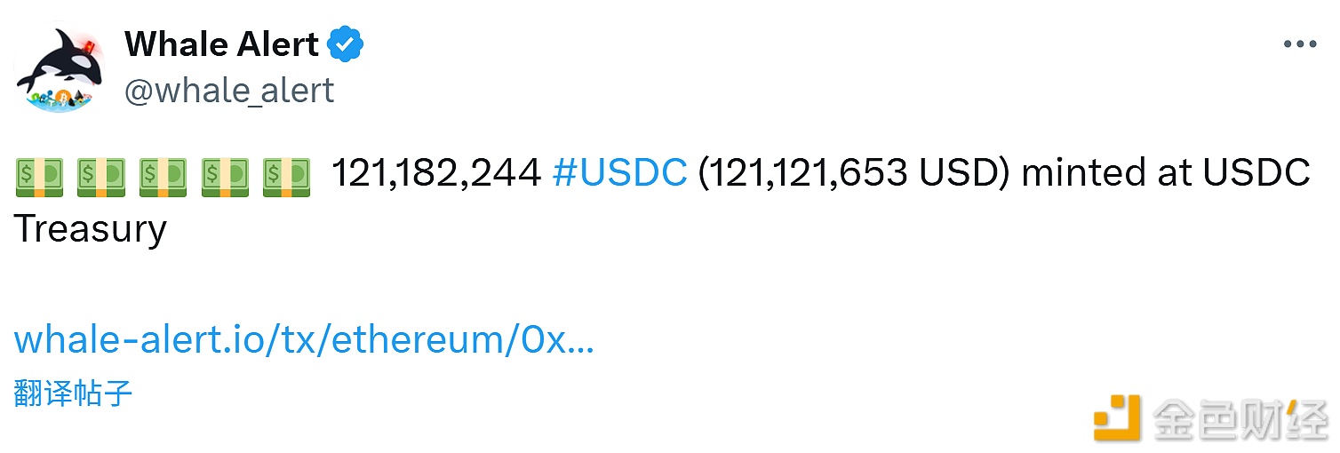图片[1] - USDC Treasury再次于以太坊链上新铸1.21亿枚USDC