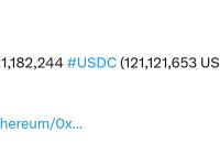 USDC Treasury再次于以太坊链上新铸1.21亿枚USDC