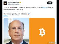 贝莱德BTC ETF资产管理规模已超80万枚比特币，价值约1,000亿美元
