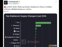 TRON 网络稳定币流入量达11亿美元，PLASMA网络流出量近10亿美元