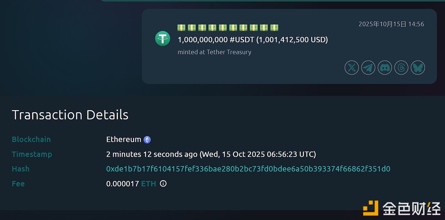 图片[1] - Tether Treasury约3分钟前在以太坊链上新增铸造10亿枚USDT