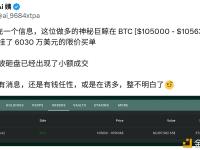 神秘巨鲸挂单10.5万美元上方买入6030万美元BTC