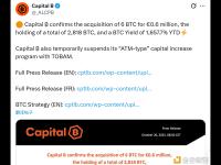 上市公司Capital B增持6枚比特币，总持有量2818枚