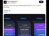 某独立矿工成功挖出区块919923，获得3.126枚BTC收益