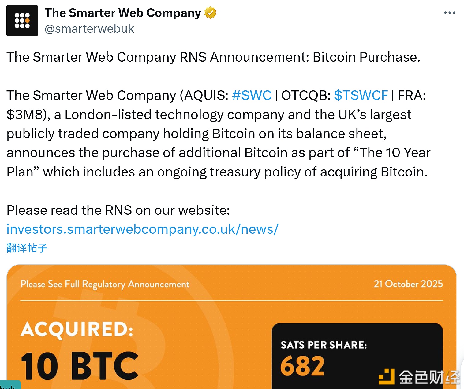 图片[1] - The Smarter Web Company 增持10枚比特币，总持仓达2660枚