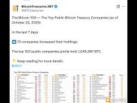全球前100大上市BTC财库公司当前持有104.6万枚BTC