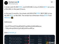 某鲸鱼过去6小时卖出4550万枚TRX换仓以太坊