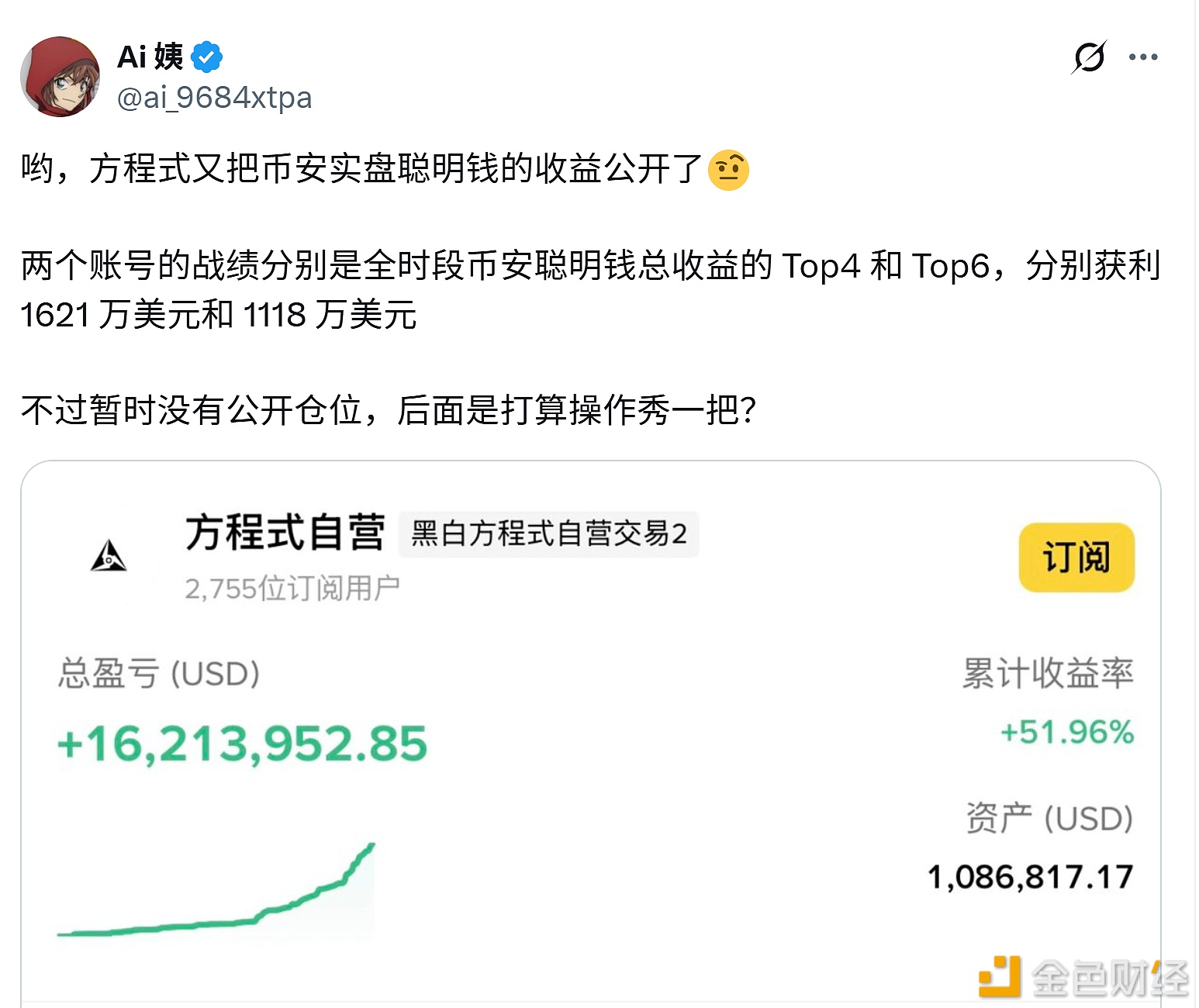 图片[1] - 方程式公开币安实盘聪明钱收益，两账户分别盈利1621万美元和1118万美元