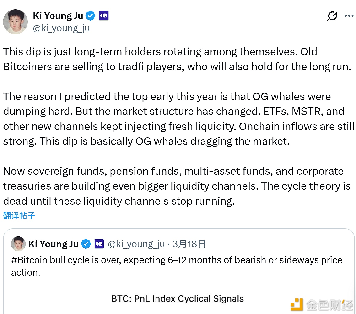 图片[1] - CryptoQuant CEO：本轮下跌主要因老牌鲸鱼换手，新机构流入仍强劲