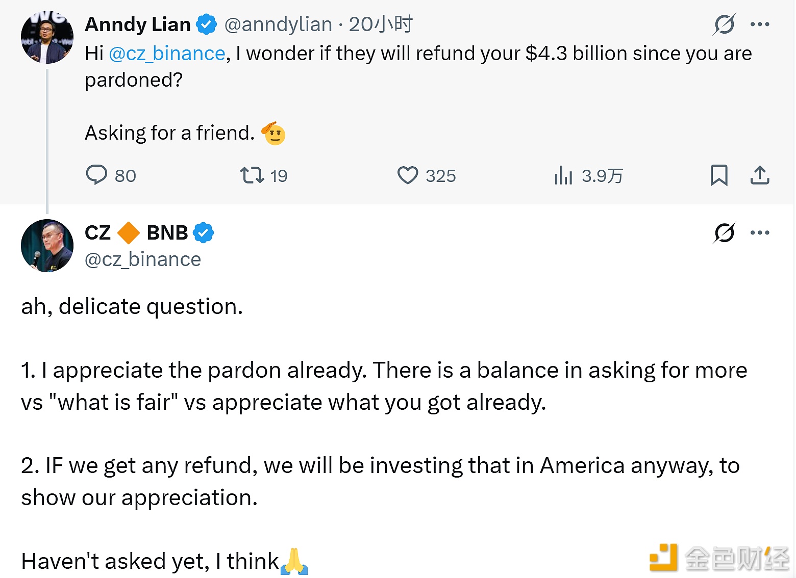 图片[1] - CZ称若获此前43亿美元退款会将其投资回美国