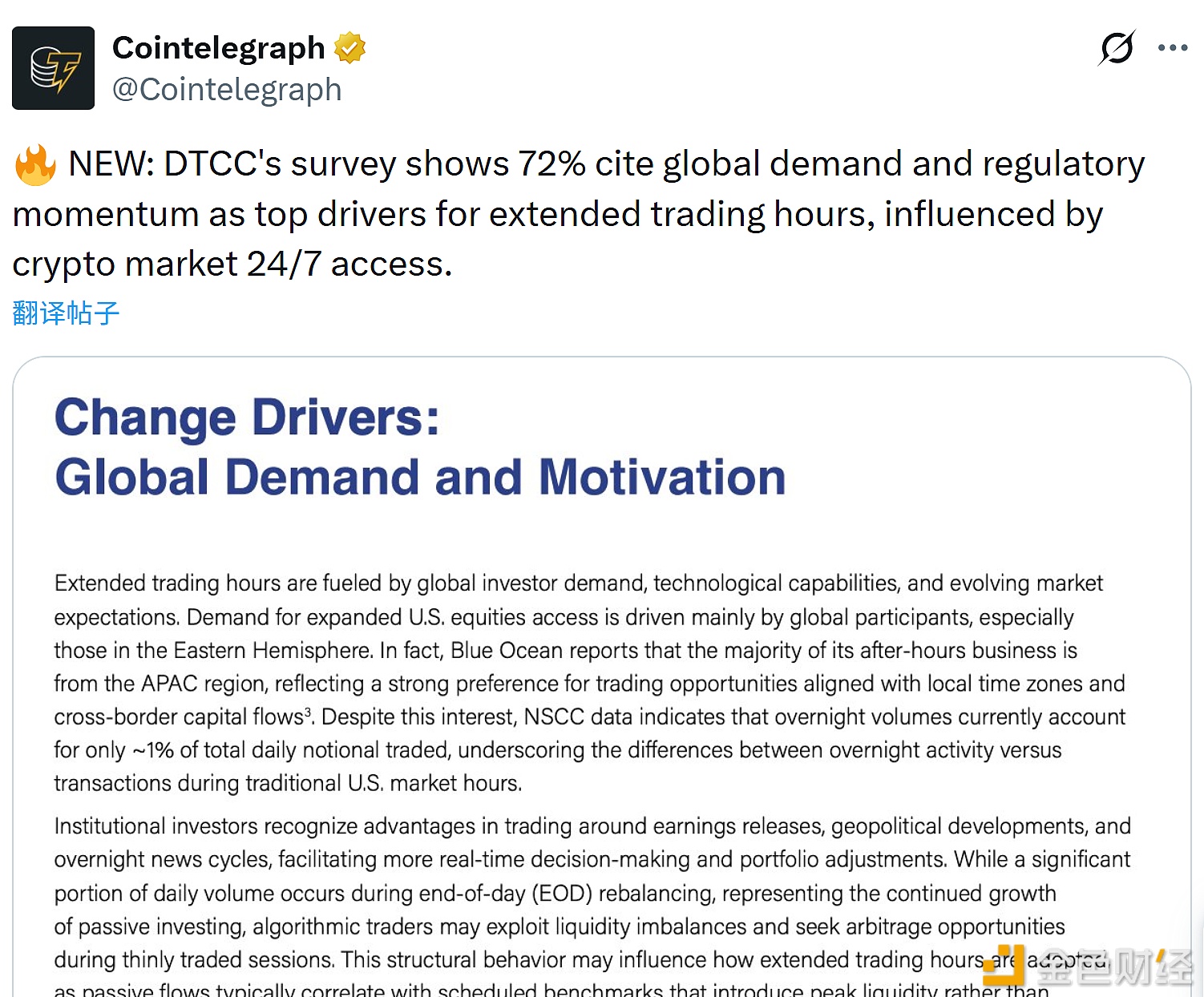图片[1] - 美国DTCC调查：72%的受访者将全球需求和监管势头列为延长交易时间的首要驱动因素