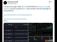 巨鲸购入3650枚ETH并开设20倍杠杆空头头寸