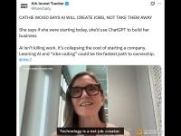 Cathie Wood：AI将创造就业机会，而非抢走就业机会