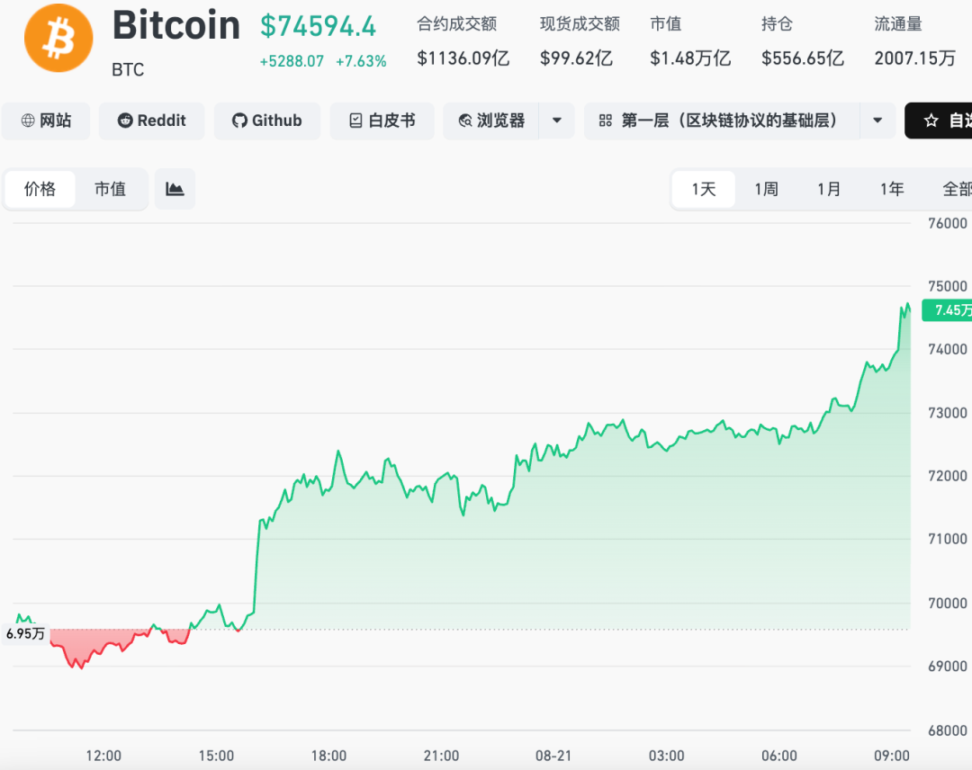 图片[1] - 比特币冲上74000美元，加密货币全线飙涨